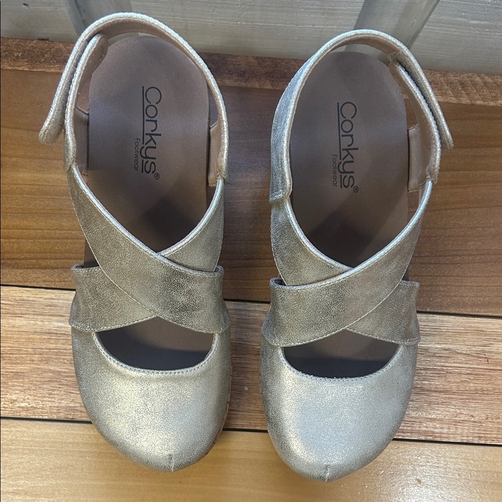 Corkys Metallic Gold Crisscross Cork Wedge Sandals - Picture 2 of 5